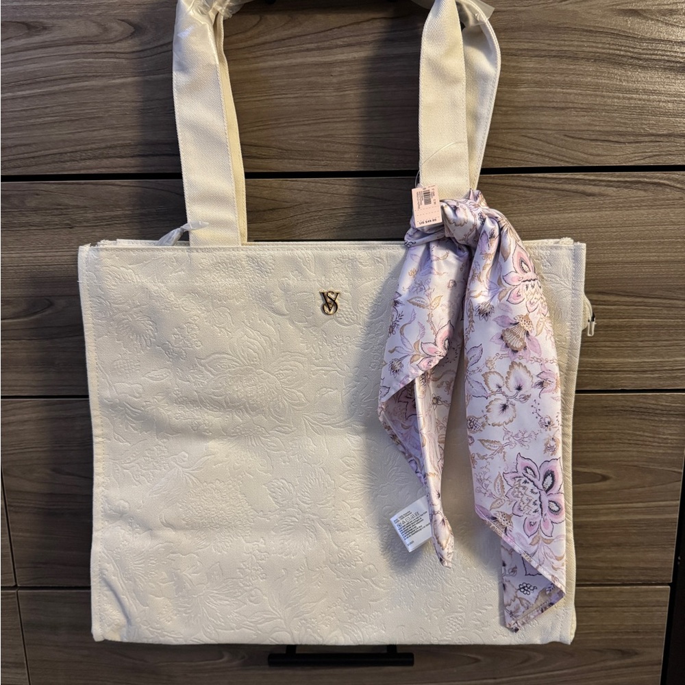 Victoria's Secret Cream Tote with Pink Floral Scarf
